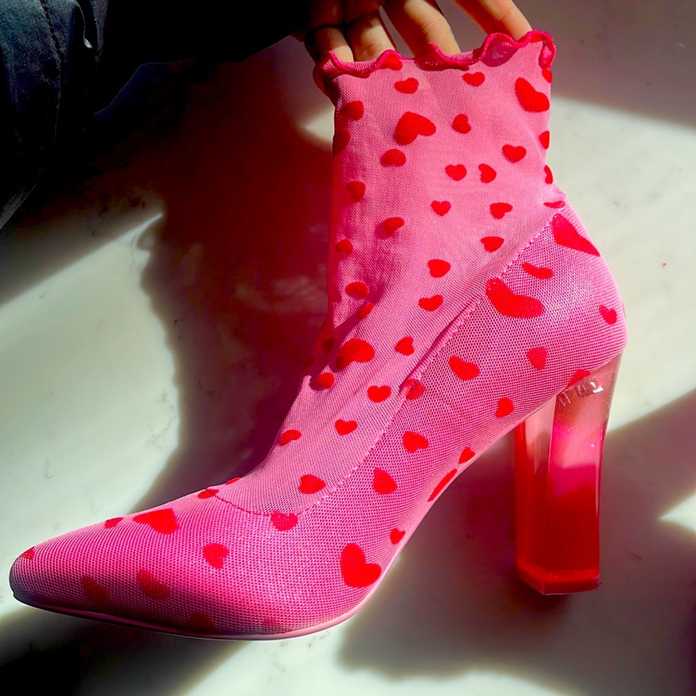 The dantiest pink and red heart sock heel shoe